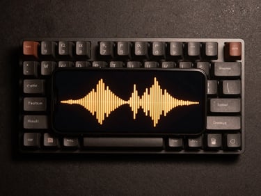 Top-down flat lay of a dark mechanical keyboard and an Android device showing a clean audio waveform interface casting a warm electric-amber glow.