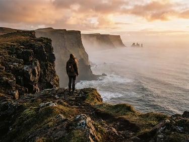 Cinematic wide-angle shot of a solitary traveler standing on a windswept Icelandic cliffside at golden hour, misty ocean below, soft warm daylight, 35mm film