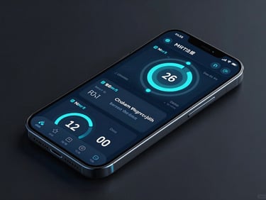 Sleek digital tech mockup of a mobile dashboard on a dark background, neon blue accents