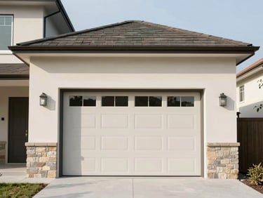 Straight-on architectural shot of a clean, modern home exterior under bright daylight, neutral muted tones, sharp focus, 35mm lens