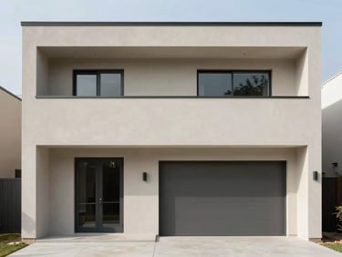 Minimalist modern single-family home exterior, neutral muted tones, sharp focus