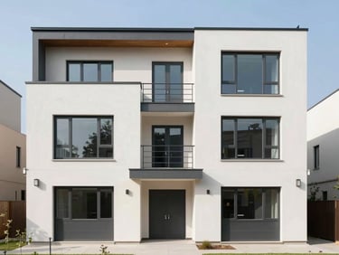 Clean modern residential duplex exterior, straight-on architectural angle, bright daylight