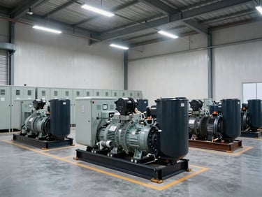 Wide shot of industrial power generators and electrical distribution panels arranged on a warehouse floor, bright even overhead lighting, equipment labels visible, organized spacing