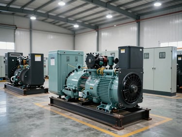 Wide shot of industrial power generators and electrical distribution panels arranged on a warehouse floor, bright even overhead lighting, equipment labels visible, no people