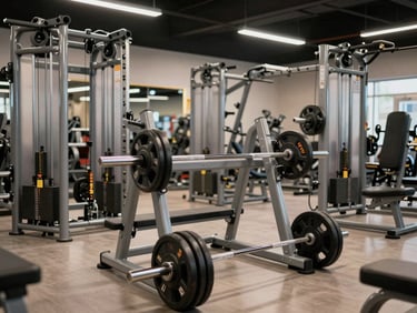 Straight-on shot of commercial gym equipment—barbells, cable machines, and weight racks arranged on a showroom floor, bright even studio lighting, equipment tags visible, no people