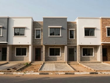 Exterior shot of a completed residential estate row in Nigeria, straight-on framing, painted block walls, even afternoon daylight, no occupants or vehicles visible