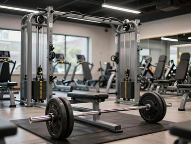 Straight-on shot of commercial gym equipment—barbells, weight racks, and cable machines arranged on a showroom floor, bright even studio lighting, clean industrial setting