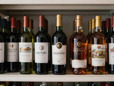 Straight-on shot of premium wine and whisky bottles arranged on a display shelf in a controlled storage room, even daylight-balanced lighting showing label detail, no people