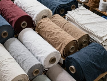 Overhead shot of stacked bolts of fabric and clothing material rolls in a warehouse, organized by color and type, bright daylight-balanced studio lighting, textile detail visible