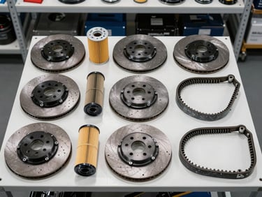 Overhead studio shot of organized automotive spare parts—brake discs, filters, and engine belts arranged on clean warehouse shelving, even daylight-balanced lighting, sharp product detail