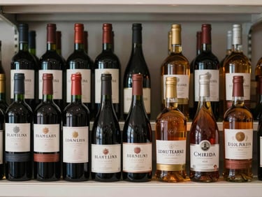 Straight-on product shot of premium wine and whisky bottles arranged in organized rows on distributor shelving, studio-balanced lighting, clean background, labels visible