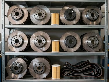 Overhead straight-on shot of organized automobile spare parts on metal warehouse shelving—brake discs, filters, and belts arranged by category, bright even studio lighting, no people
