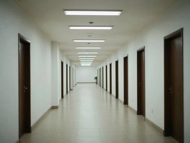 Straight-on wide shot of a commercial office block interior corridor in Nigeria, clean tiled floors, fluorescent ceiling lighting, empty of people, architectural detail visible
