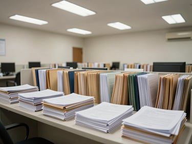 Wide interior shot of a property documentation office in Nigeria, organized folders and land title papers stacked on a wide desk, bright fluorescent overhead lighting, no people, clean administrative environment