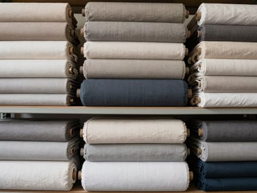 Overhead shot of neatly stacked textile fabric bolts in various neutral and solid tones on warehouse shelving, bright even daylight-balanced lighting showing material texture, no people