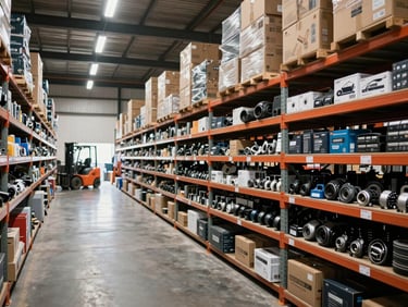 Wide shot of a large Nigerian distribution warehouse interior, rows of organized shelving holding automotive spare parts and boxed equipment, bright even overhead lighting illuminating orderly inventory, forklift visible in background left, deep perspective lines receding into the far wall