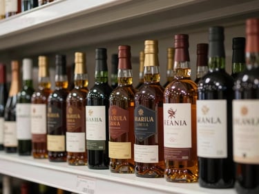 Straight-on close-up of a row of whisky and wine bottles standing upright on a clean warehouse shelf, studio-balanced daylight, labels clearly visible, organized by category, white background, no people