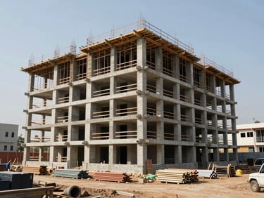 Wide straight-on shot of a Nigerian commercial property development exterior—multi-storey concrete structure under clear daylight, construction materials and site equipment visible in foreground