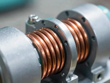 Macro close-up of a high-power industrial generator terminal with copper coils and metallic textures, high-contrast cool backlighting, 35mm lens.