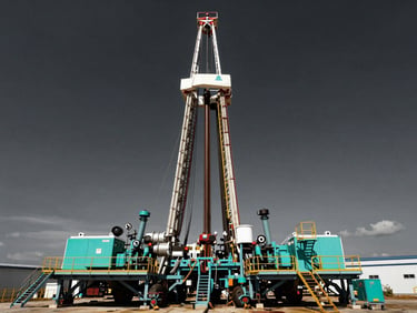 Wide environmental shot of a massive industrial water well drilling rig operating under a dramatic dark sky with turquoise light highlights, 35mm lens.