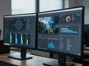 A sharp close-up of a high-fidelity digital interface mockup on a dual-monitor setup, cool daylight from a window, crisp shadows, modern workspace environment