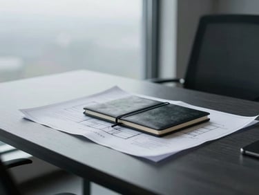 A clean modern office desk in Saratoga Springs with architectural blueprints and a black notebook, soft overcast daylight, 35mm.