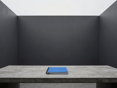 Minimalist architectural photography of a modern Utah workspace with clean lines, soft overcast daylight, muted charcoal tones, and a horizon blue accent notebook on a concrete desk, 35mm.