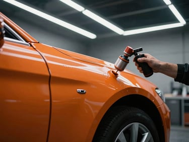Close-up of a mechanic spraying glossy orange paint on a car fender inside a professional paint booth, dramatic overhead led lighting, high-contrast reflections, sharp 50mm lens