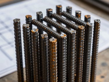 Close-up of precisely cut and bent rebar for a structural column, with blueprints in the background, high-contrast natural workshop light, deep metallic tones, sharp focus on steel textures, 35mm