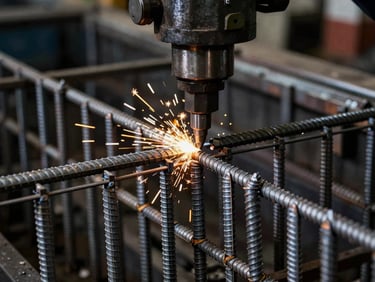 Close-up of an industrial steel bending machine precisely shaping rebar into stirrups, sparks flying, dramatic shadows, deep metallic tones, sharp focus on steel textures, 35mm