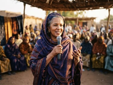Warm portrait of a Zaghawa woman leader speaking at a community gathering, soft golden hour light, rich indigo and terracotta textile details in background, shallow depth of field, 35mm