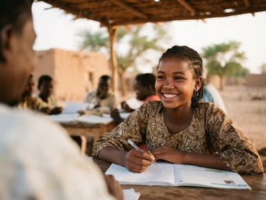 A young Zaghawa student smiling during a mentorship workshop, soft natural light, shallow depth of field, warm sand and terracotta tones, 35mm