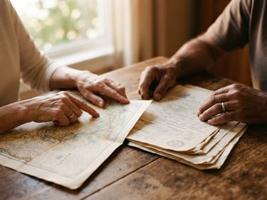 Close-up of hands sharing a map of Canada and settlement documents on a warm wooden table, soft natural window light, rich earth tones, shallow depth of field, 35mm