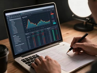 Close-up of a laptop screen displaying a live analytics dashboard with campaign performance charts, hands of a strategist annotating a printed media plan beside it, studio strobe sidelight, precise and focused