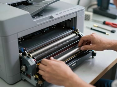 Close-up of a technician's hands replacing a fuser roller inside an open laser printer on a grey metal workbench, bright overhead fluorescent light, tools laid out to the right, sharp technical detail