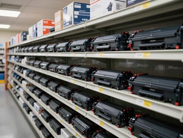 Overhead shot of organized shelves stocked with labeled toner cartridges and printer spare parts in a bright warehouse bay, overhead fluorescent lighting, each item clearly visible and neatly arranged