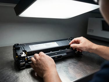 Close overhead shot of a technician's hands reinstalling a printer drum unit, bright white ceiling light, genuine OEM part label visible, clean steel work surface
