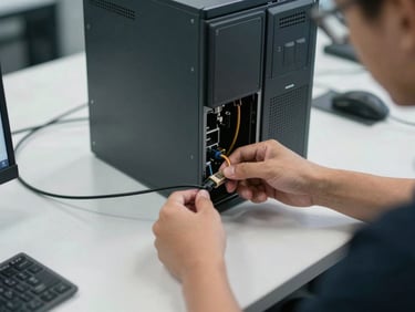 Medium shot of a technician at a workbench connecting a diagnostic cable to a desktop PC, overhead daylight flooding the workspace, focus on the cable connector and the technician's steady hands