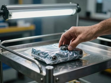 Close-up of a technician's hand placing a sealed genuine spare part onto a steel service cart under bright overhead fluorescent light, organized tool roll visible in background, sharp industrial focus