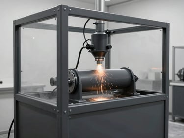 An automated electrostatic powder coating booth, a steel gate frame being sprayed with a matte charcoal protective finish, clean industrial setting