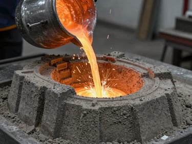 Molten aluminium alloy being poured from a heavy crucible into a custom-carved sand mold for an architectural gate, glowing orange heat, sparks