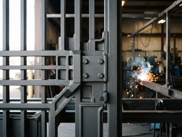 Industrial-grade architectural metalwork, close-up of a massive casting aluminium gate with clean powder-coated charcoal finish, crisp architectural lines, high-contrast daylight.