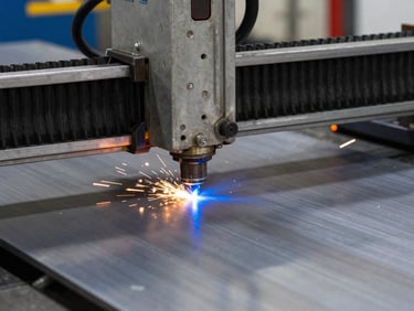 Close-up of a high-precision CNC plasma cutter slicing through a thick sheet of mild steel, bright blue electric arc, metallic dust, industrial workshop
