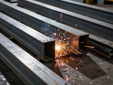 Heavy structural steel beams being fabricated, bright orange welding sparks, dramatic workshop shadows, industrial scale.