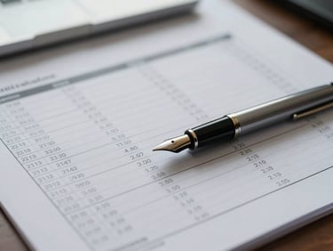 A close-up shot of financial documents with structured data tables and a fountain pen resting on top, cool diffused office lighting, professional B2B editorial style.