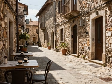 A narrow stone street in a historic European village, warm sun casting long shadows, outdoor cafe tables with espresso in the foreground