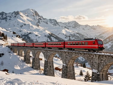 A red passenger train winding through the snow-capped Swiss Alps, crossing a high stone viaduct, bright natural golden hour light