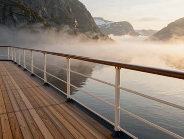 A pristine teak wood cruise deck overlooking misty Norwegian fjords at sunrise, sharp details of brass railings.