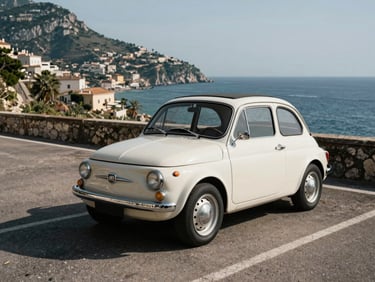 A classic vintage car parked on a scenic coastal road in southern Italy, high-contrast sunlight casting sharp shadows.