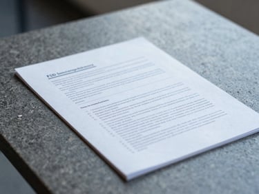 Close-up of a structured policy document on a slate gray stone table, soft natural side lighting, focused depth of field, 35mm lens